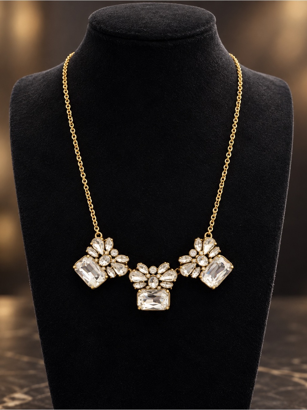 Banana Republic Gold Tone Clear Crystal Floral Statement Necklace Signed BR